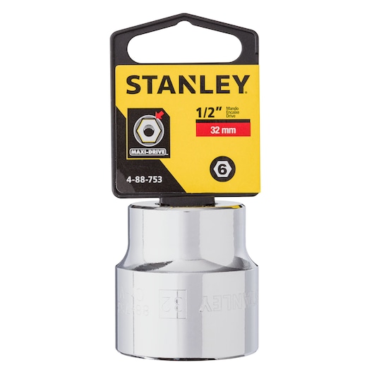 STANLEY 4-88-753 32 mm chrome socket, 1/2 inch drive, front view on white background, product with label.