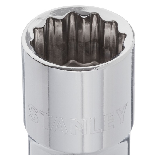STANLEY 4-88-790 chrome socket close-up, photography of 12-point design with engraved brand name, white background.