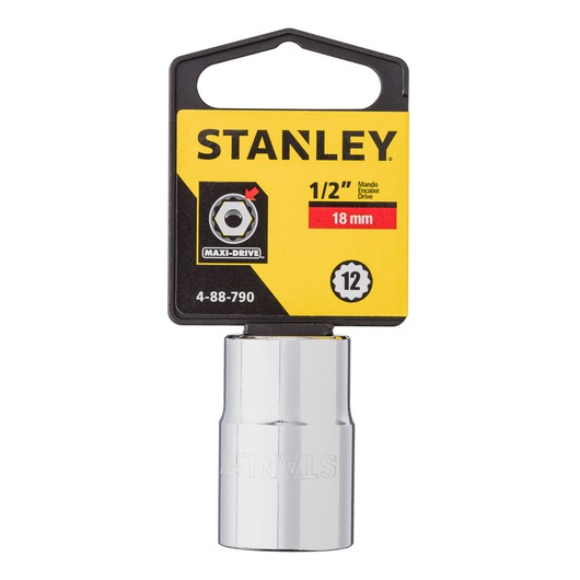 STANLEY 4-88-790 chrome 18mm 1/2-inch drive socket, front view on white background with yellow label.