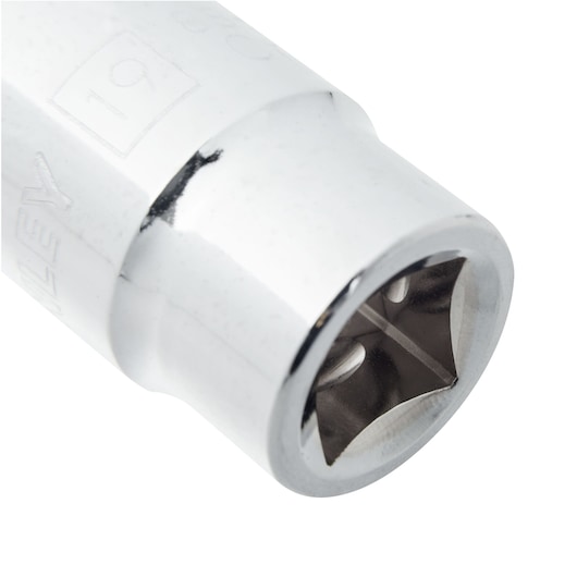 Stanley 4-88-791 chrome socket, hex design, close-up angle, photography of hand tool accessory.