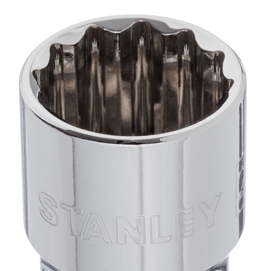 Photo of STANLEY 4-88-793 socket with twelve-point chrome finish, close-up angle on white background.