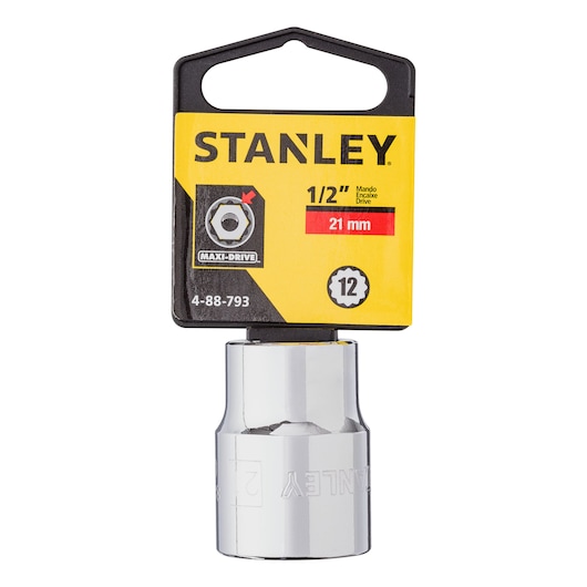 STANLEY 4-88-793 chrome socket 21 mm, 1/2 inch drive, front view on white background, hand tool accessory.