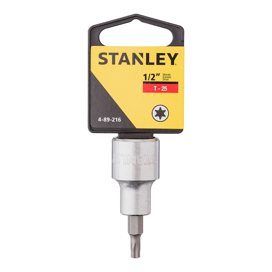 STANLEY 4-89-216 Torx bit socket T-25, silver, 1/2 inch drive, front angle on white background.