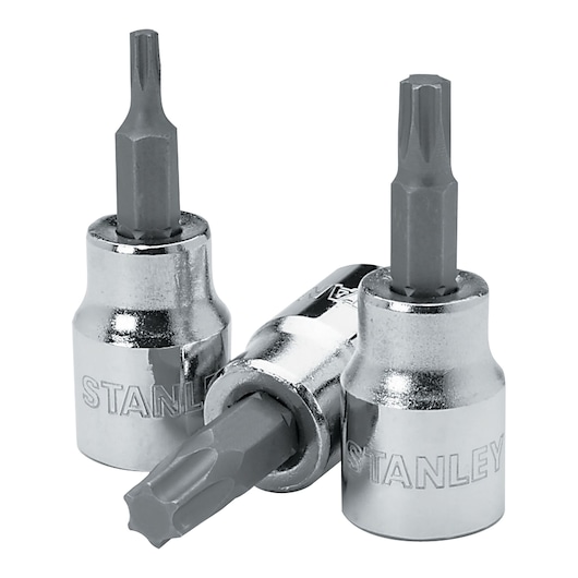 1/2" Drive - T-40 Bit Socket, model: 4-89-219, STANLEY, white background, 3 sockets front view.