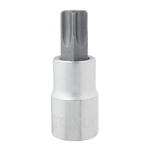 Stanley 4-89-233 silver socket bit, front angle, photography of hand tool accessory.