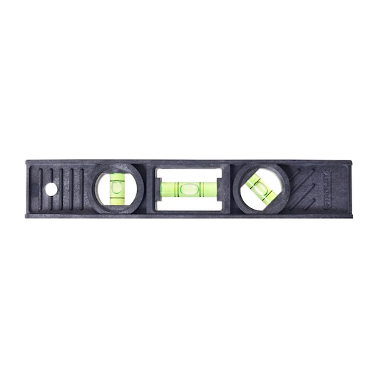 STANLEY 42-291 black plastic spirit level with three green vials, front view on white background.
