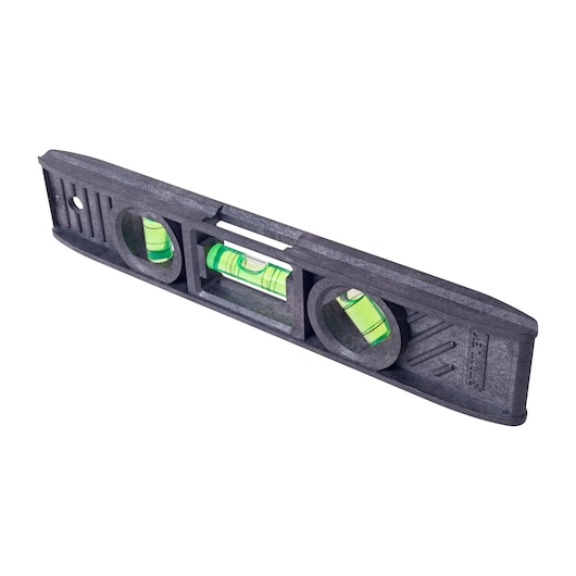 STANLEY 42-291 black torpedo level with three green vials, front angle on white background.