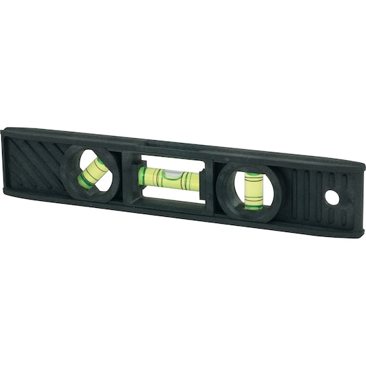 STANLEY 42-291 black plastic spirit level, front angle, photography of measuring tool.
