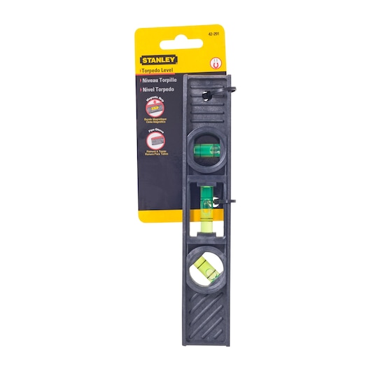 STANLEY 42-291 torpedo level with magnetic black body and three acrylic vials, front view on white.