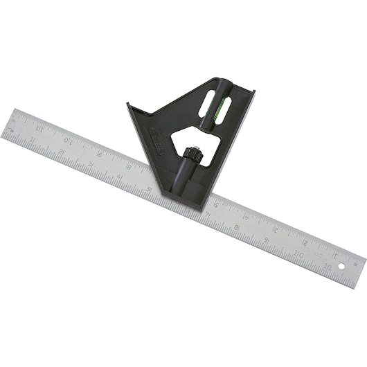 STANLEY 46-012 combination square, metal ruler and black handle, top angle photo.