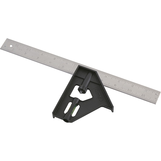 STANLEY 46-012 combination square with black handle and silver metal ruler, angled product photo.