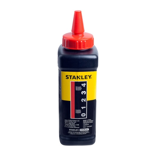 STANLEY 47-804LA marking chalk bottle with red nozzle, product photography, front angle on white background.