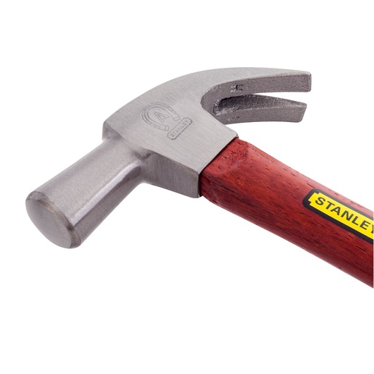 STANLEY 51-424S claw hammer with polished steel head and wooden handle, side angle, white background.