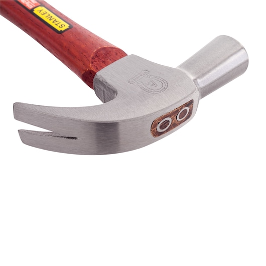 STANLEY 51-424S claw hammer with polished steel head and red wooden handle, side angle photo.