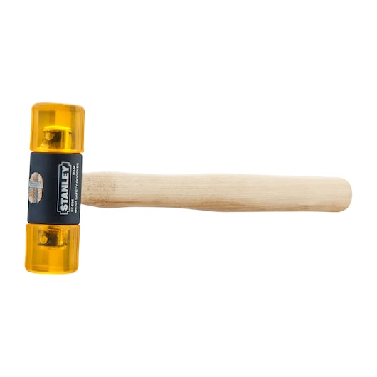STANLEY 57-594 double-faced yellow soft mallet with wooden handle, top angle on white background.