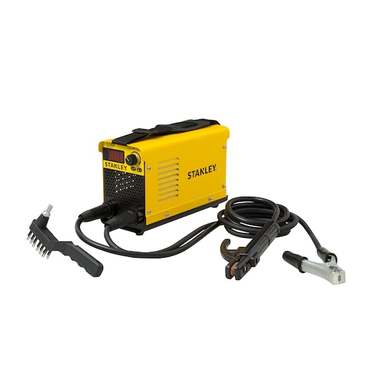 Stanley 61316 yellow welding machine with cables and brush, photo on white background.