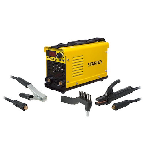 Photo of STANLEY 61316 welding machine kit with yellow inverter, clamp, electrode holder and wire brush on white background.