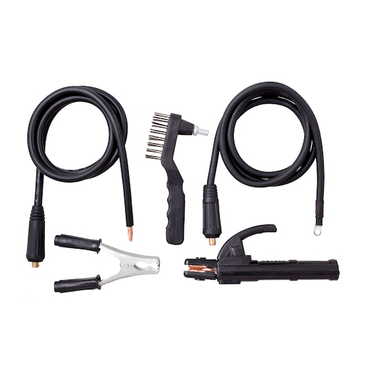 STANLEY 61316 welding cable set with wire brush, clamp, and electrode holder, top view on white background.