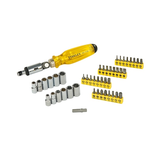 Photo of STANLEY 68-736 screwdriver set with yellow handle, multiple sockets, and assorted bits spread out on white background.