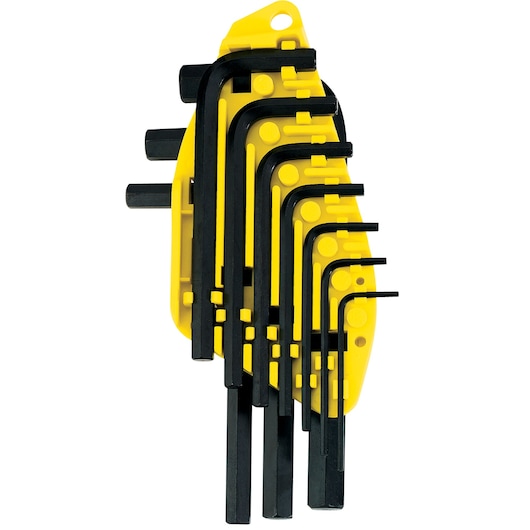 STANLEY 69-254 hex key set in yellow holder, product photography, front angle.