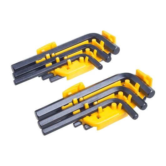 Stanley 69-255 hex key set, black metal tools in yellow holders, photo on white background, angled view.