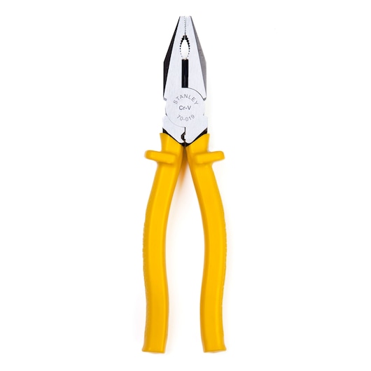 Stanley 70-019 lineman pliers with yellow handles, front angle on white background.