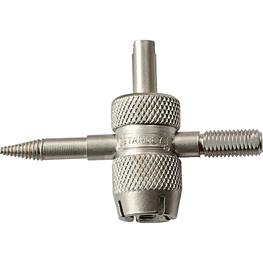 Photo of STANLEY 78-024 multi-function valve tool, silver metal, knurled grip, on white background.