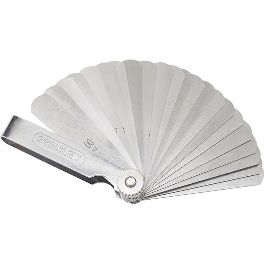 Photo of STANLEY feeler gauge SKU 78-212, fan layout, silver metal blades, top view on white background.