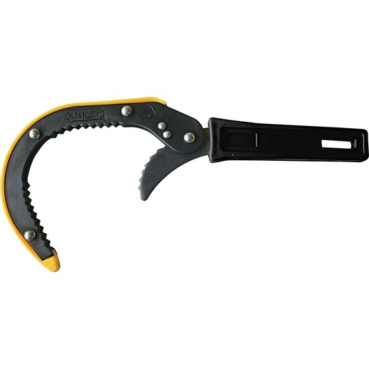 Photo of STANLEY 78-227 oil filter wrench with black and yellow handle, angled on white background, product photography.