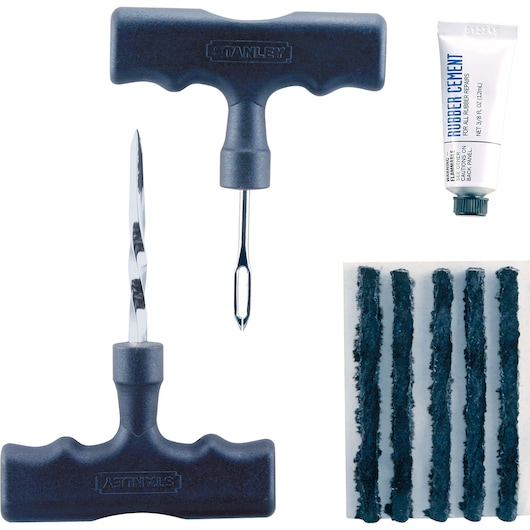 STANLEY 79-036 tire repair kit, includes T-handle tools, rubber cement, and 5 repair plugs, front view.