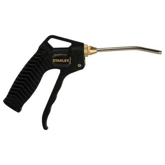 STANLEY 79-058 air blow gun with black ergonomic handle and brass nozzle, product side view on white background.