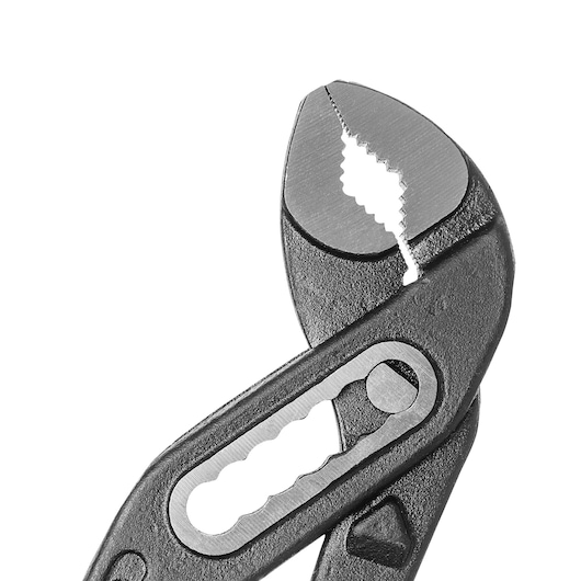 STANLEY 84-015 groove joint pliers close-up on white background, black metal with serrated jaws.