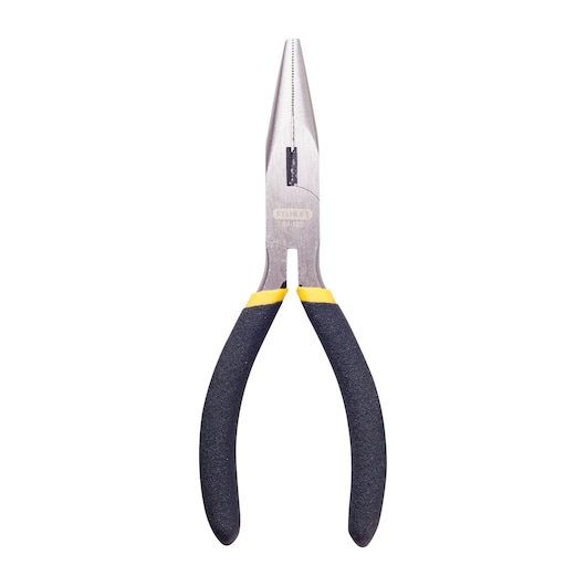 STANLEY 84-100LA long nose pliers with black and yellow handles, front view on white background.