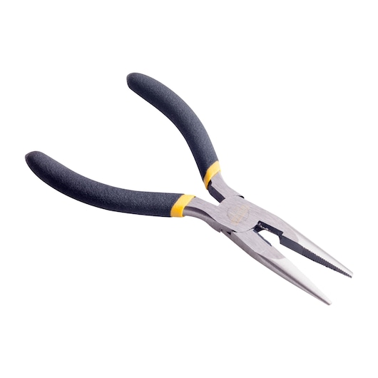 Photo of STANLEY 84-100LA long nose pliers with black and yellow handles, angled on white background.