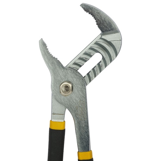 STANLEY 84-110-23 groove joint pliers, photography with white background, showing metal jaws and black-yellow handles.