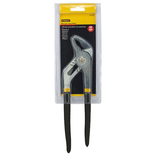 Stanley 84-110-23 groove joint pliers in retail packaging, front angle on white background.