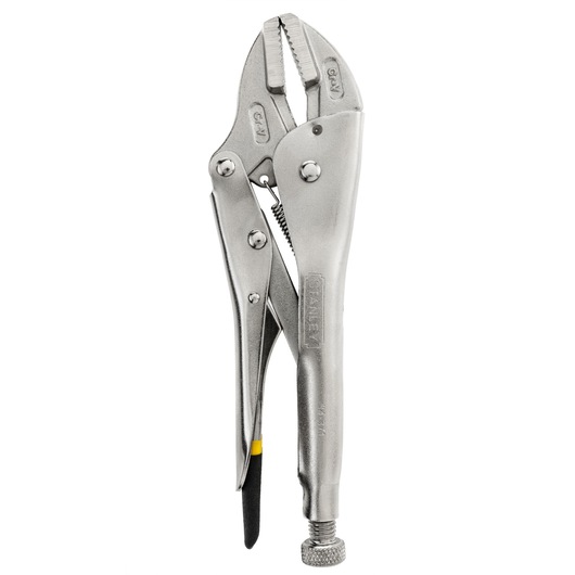 STANLEY 1-84-371-KR 10-inch straight jaw locking pliers, silver metal, front view on retail packaging.