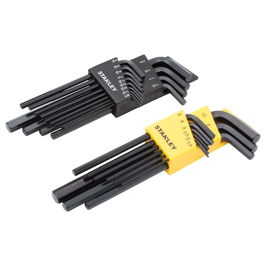 STANLEY hex key set with black and yellow holders, assorted sizes, angled heads, white background, side view