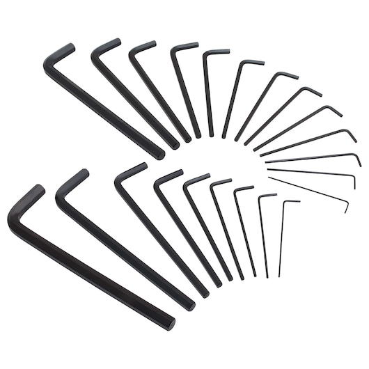 STANLEY 85-753 hex key set assortment, black finish, arranged in a fan pattern, photographed on white background.