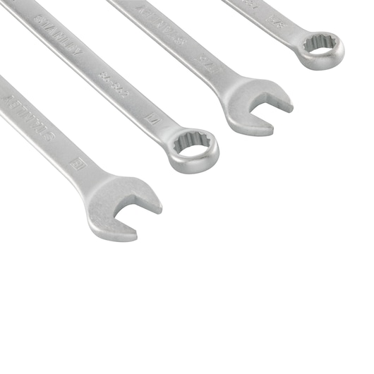 Photo of STANLEY 85-783LA combination wrench set, silver finish, angled on white background.