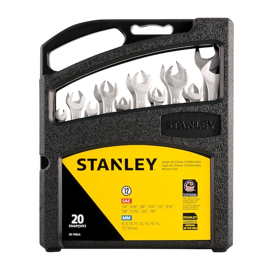 STANLEY 85-783LA wrench set with 20 pieces in a black plastic carrying case, shown from the front on white background.