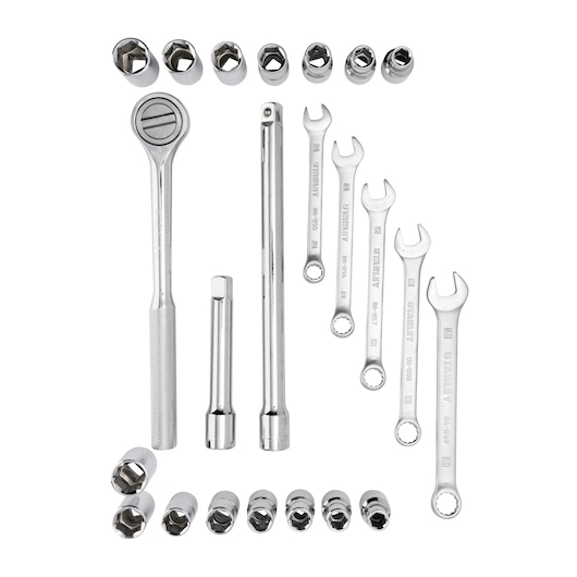 STANLEY 86-736 hand tool set with ratchet, extensions, wrenches, and sockets, top-down view on white background.