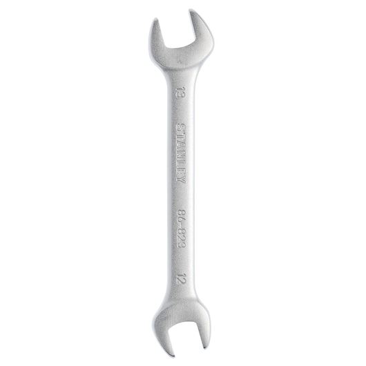 STANLEY 86-823 double open-end wrench, silver steel, 13mm and 12mm sizes, front angle on white background.