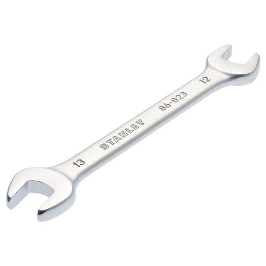 STANLEY 86-823 open-end wrench, silver finish, dual size 12mm and 13mm, angled view on white background.