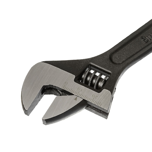 STANLEY 87-046 adjustable wrench, silver and black, product photography, angled on white background