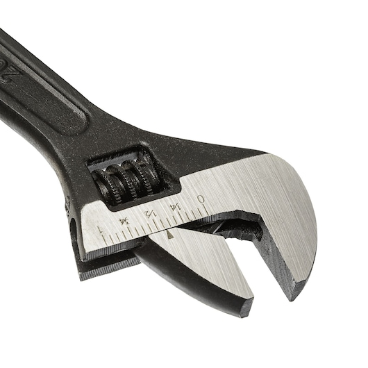 STANLEY 87-046 adjustable wrench with metric scale, close-up angle on white background.