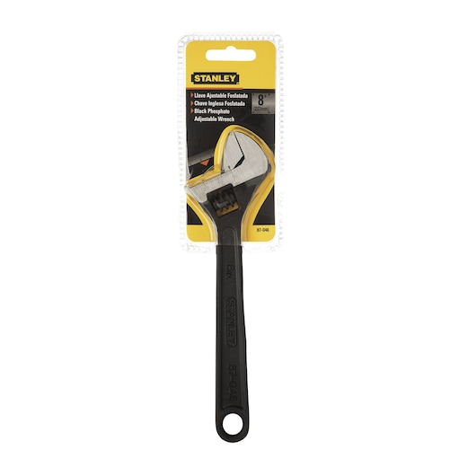 STANLEY 87-046 adjustable wrench with black handle, 8 inch size, front angle on white background.