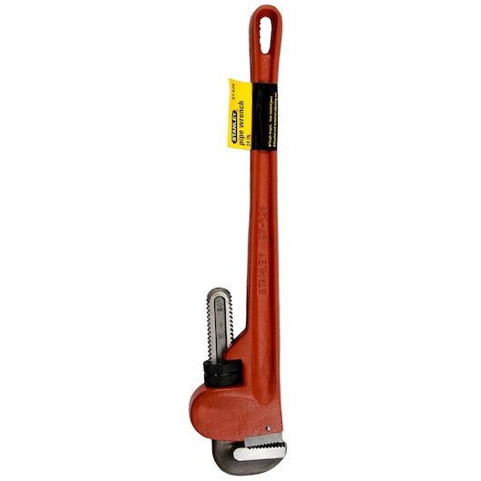 STANLEY 87-626 pipe wrench with red handle and serrated jaws, product angled on white background.