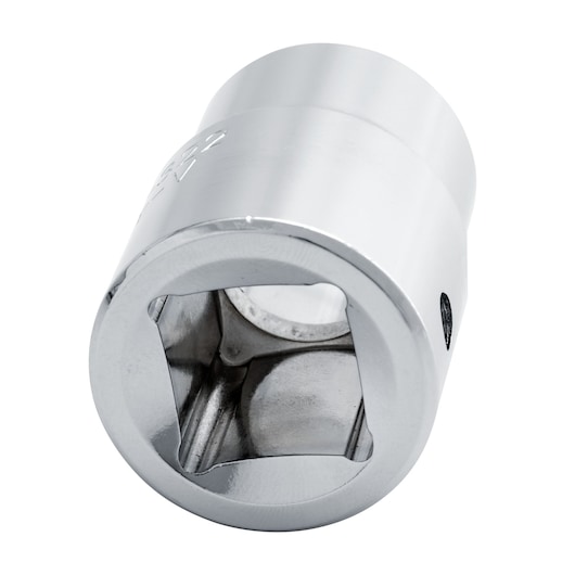 Photo of STANLEY 89-322 chrome socket, hexagonal shape, photography on white background, close-up angle.