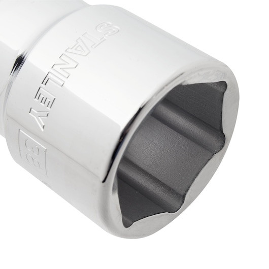 Photo of STANLEY 89-338 chrome socket, close-up angle, showing hexagonal interior and engraved branding.